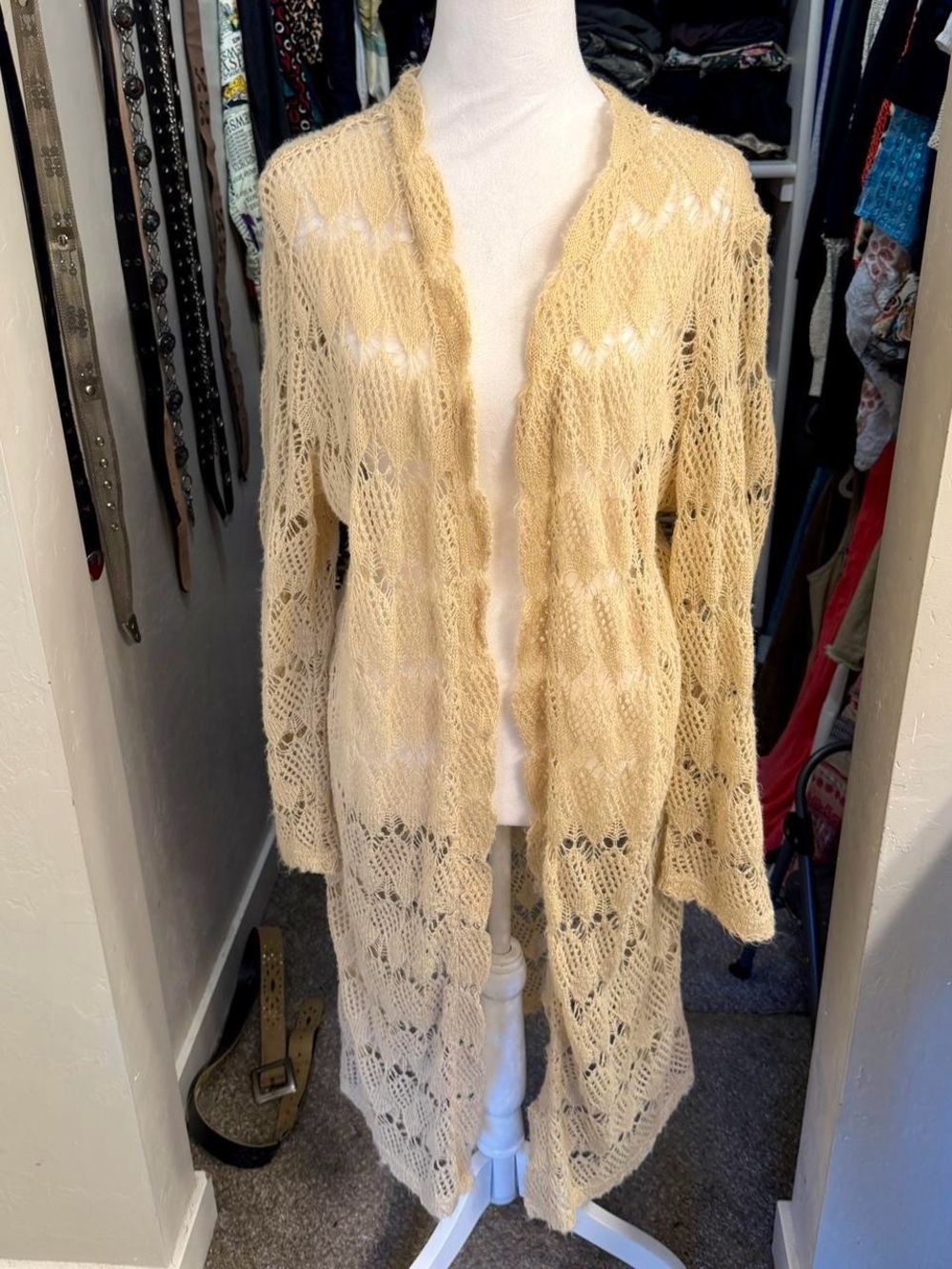 VTG Y2K Light Cream Open-Knit Crochet Long Cardigan Duster Sweater - XL